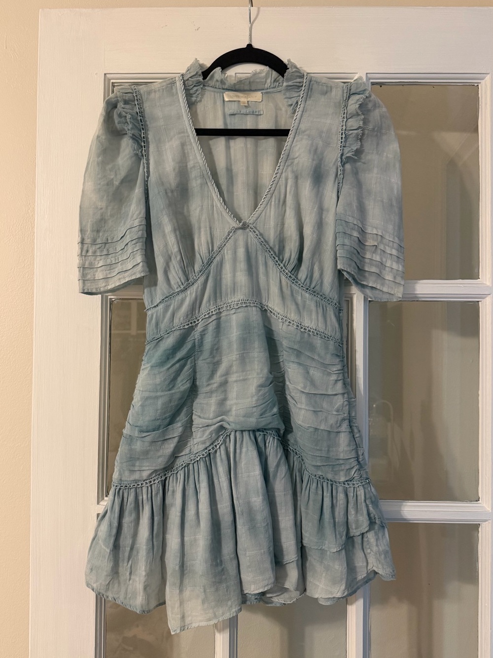 LoveShackFancy Pale Blue Textured V-Neck Dress
